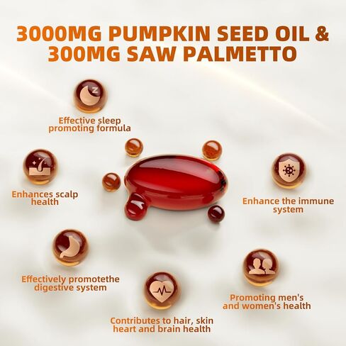 Pumpkin Seed Oil Capsules with Saw Palmetto - 3240mg - 300 Softgels, Cold Pressed, Essential Fatty Acids & Phytosterols, Natural Supplement for Hair Growth, Urinary - Non-GMO in Saudi Arabia