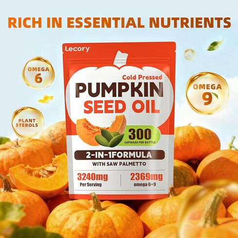 Pumpkin Seed Oil Capsules with Saw Palmetto - 3240mg - 300 Softgels, Cold Pressed, Essential Fatty Acids & Phytosterols, Natural Supplement for Hair Growth, Urinary - Non-GMO in Saudi Arabia