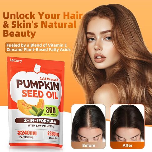 Pumpkin Seed Oil Capsules with Saw Palmetto - 3240mg - 300 Softgels, Cold Pressed, Essential Fatty Acids & Phytosterols, Natural Supplement for Hair Growth, Urinary - Non-GMO in Saudi Arabia