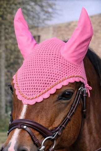 Horse Ear Bonnet for Horses – Breathable Crochet Riding Bonnet with Stretch Lycra Ears, 29 Colors to Match Your Tack, Pony Cob Full X-Full Equestrian Zainee Sports (Pink, Horse/Full) in Saudi Arabia