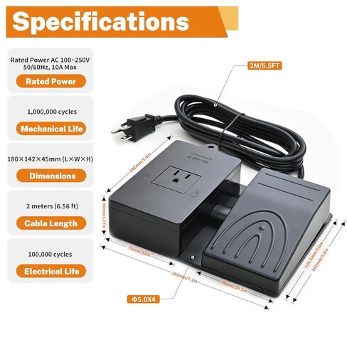 iKKEGOL Foot Pedal Power Switch Outlet, Self-Locking ON/Off Toggle Socket, 6.5ft Cable with 3-Prong Plug, 250V 10A, Hands-Free Operation for Tools, Machines, Woodworking, Workshop Use in Saudi Arabia
