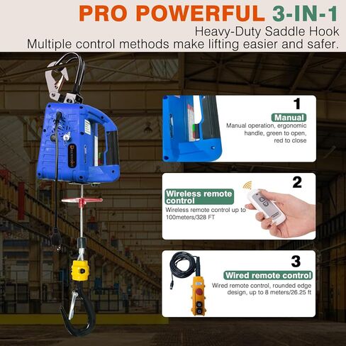 3 in 1 Electric Hoist Winch,1100LB1500W Power Electric Portable Hoist Winch, Electric Winch 110v with Manual Wire Wireless Remote Control,26FT Lifting Height,for Lifting, Garage,Factory in Saudi Arabia
