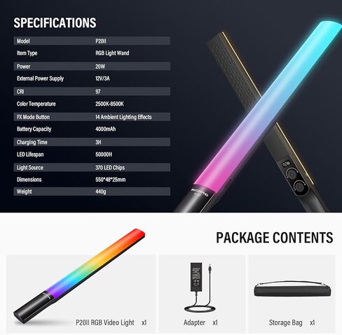 طقم عصا إضاءة فيديو LED من سونيفو P20 RGB مع عبوتين من بطارية 4400 مللي أمبير في الساعة، عصا إضاءة LED للتصوير الفوتوغرافي المحمولة - CRI≥97، 20 وات، 2500-8500 كلفن قابلة للتعتيم، 40 تأثير إضاءة مع حقيبة حمل in Kuwait