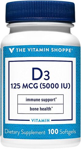 Vitamin D3 5000IU Softgel, Supports Bone Immune Health, Aids in Cellular Growth Calcium Absorption, Gluten Free Once Daily Formula (200 Softgels) by The Vitamin Shoppe in Kuwait