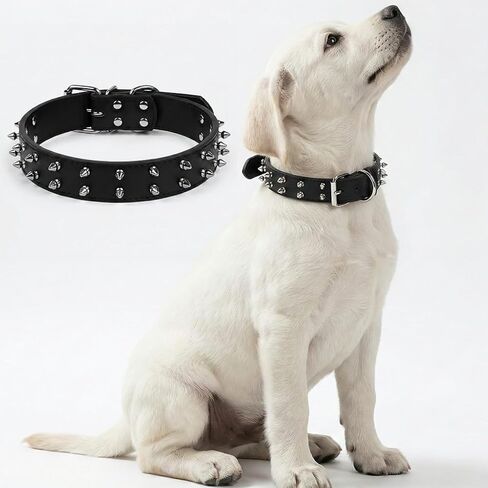 Keep Your Dog Safe and Stylish with Our 21" Adjustable Spiked Dog Collar - Durable Black Leather Collars Design for Added Protection M in Kuwait
