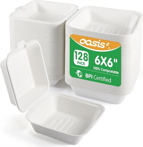 𝟲𝘅𝟲", 𝟭𝟮𝟴-𝗣𝗮𝗰𝗸 Compostable Clamshell Take Out Food Containers, Biodegradable Bagasse Paper To-Go Boxes for Burgers, Sandwiches, Eco-Friendly, Microwave & Freezer Safe (White, Small) in Kuwait