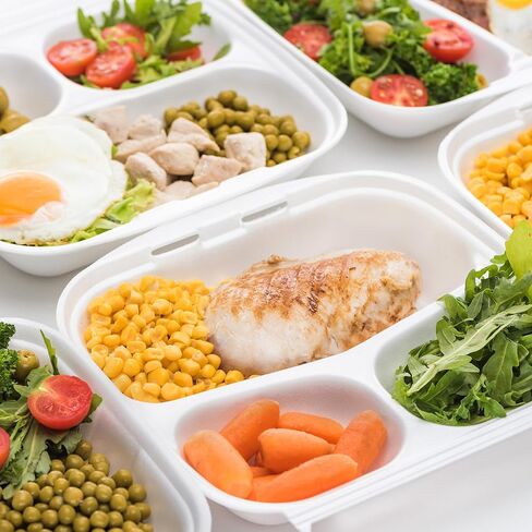 حاويات طعام صدفية من فريشوير مع أغطية [8x8 بوصة] 3 حجرات 50 عبوة، حاويات يمكن التخلص منها، صناديق قصب السكر القابلة للتحلل الحيوي - حاويات ورقية - آمنة للاستخدام في الميكروويف والفريزر، قابلة للتكديس in Kuwait