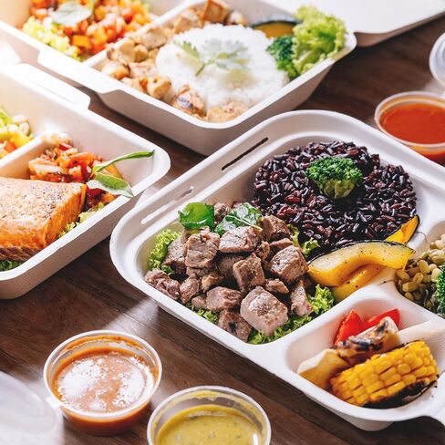 حاويات طعام صدفية من فريشوير مع أغطية [8x8 بوصة] 3 حجرات 50 عبوة، حاويات يمكن التخلص منها، صناديق قصب السكر القابلة للتحلل الحيوي - حاويات ورقية - آمنة للاستخدام في الميكروويف والفريزر، قابلة للتكديس in Kuwait