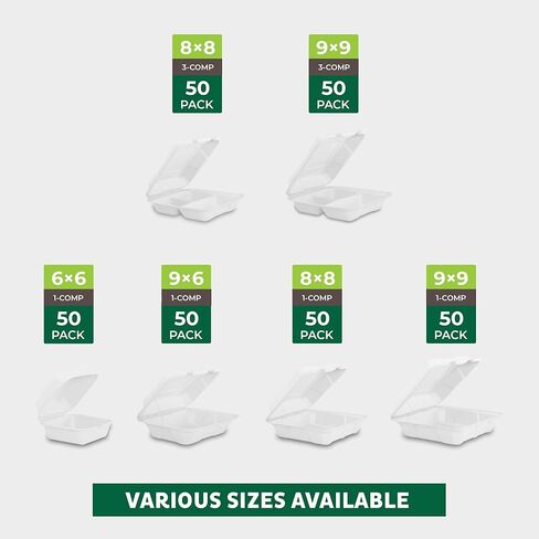 حاويات طعام صدفية من فريشوير مع أغطية [8x8 بوصة] 3 حجرات 50 عبوة، حاويات يمكن التخلص منها، صناديق قصب السكر القابلة للتحلل الحيوي - حاويات ورقية - آمنة للاستخدام في الميكروويف والفريزر، قابلة للتكديس in Kuwait
