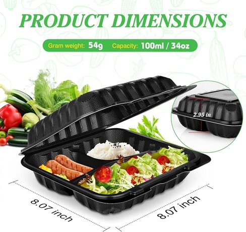 50 Pack 8" X 8" 3-Compartment Clamshell To Go Food Containers With Secure Snap Lids - Heavy Duty Take out Containers Microwaveable Disposable To Go Plates For Carryout Meal Prep Packaging Catering in Kuwait