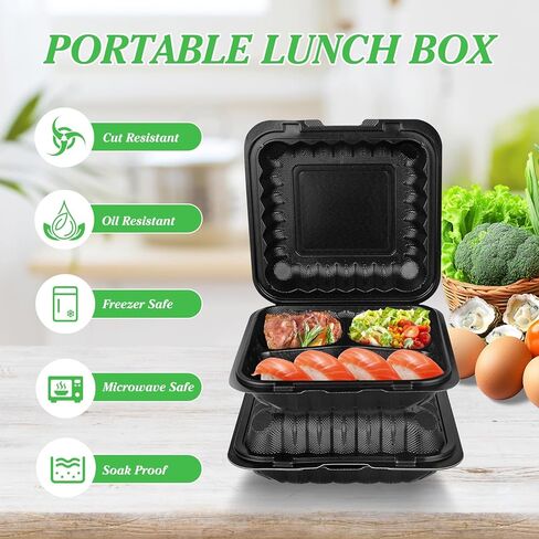 50 Pack 8" X 8" 3-Compartment Clamshell To Go Food Containers With Secure Snap Lids - Heavy Duty Take out Containers Microwaveable Disposable To Go Plates For Carryout Meal Prep Packaging Catering in Kuwait