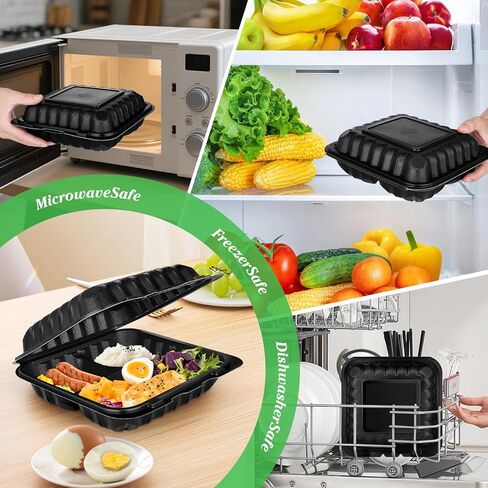 50 Pack 8" X 8" 3-Compartment Clamshell To Go Food Containers With Secure Snap Lids - Heavy Duty Take out Containers Microwaveable Disposable To Go Plates For Carryout Meal Prep Packaging Catering in Kuwait