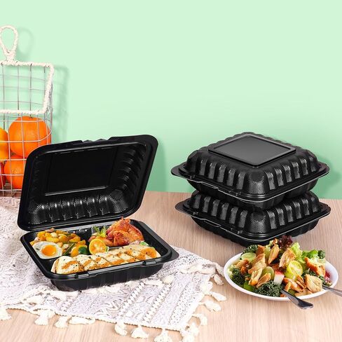 50 Pack 8" X 8" 3-Compartment Clamshell To Go Food Containers With Secure Snap Lids - Heavy Duty Take out Containers Microwaveable Disposable To Go Plates For Carryout Meal Prep Packaging Catering in Kuwait