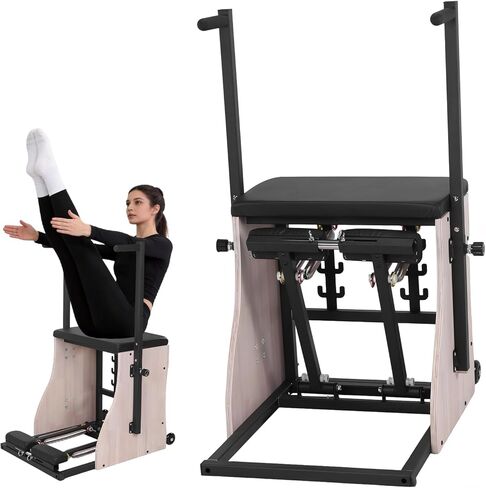 كرسي بيلاتيس من خشب البلوط مع نوابض مقاومة قابلة للتعديل ومقابض بدواسة مقسمة ومقابض بيلاتيس عالية الجودة في الاستوديو للتمارين المنزلية في الاستوديو وتمارين إعادة التأهيل في صالة الألعاب الرياضية in Kuwait