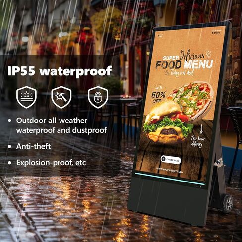 43 inch Outdoor Digital Signage Display, FHD 1800Nit LCD Screen, IP55 Waterproof, Rechargeable 10h Battery, USB/WiFi Portable Movable Display Kiosk, Split Screen Playback, Auto-Brightness, Android OS in Saudi Arabia