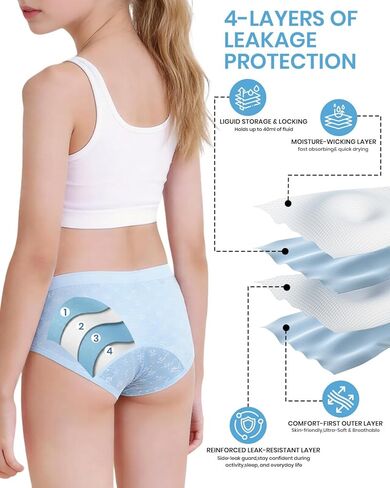 ملابس داخلية للمراهقات مكونة من 4 قطع، مجموعة ليلية ونهارية، سراويل داخلية مقاومة للتسرب بدون خياطة للفتيات حماية من التدفق الثقيل in Kuwait