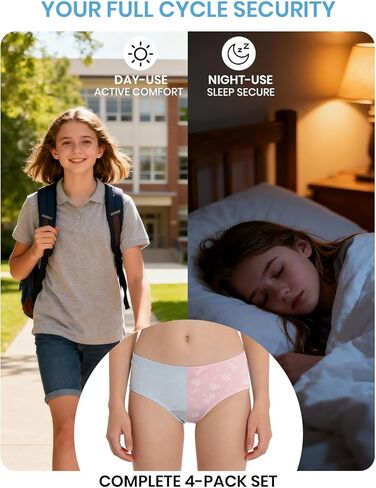 ملابس داخلية للمراهقات مكونة من 4 قطع، مجموعة ليلية ونهارية، سراويل داخلية مقاومة للتسرب بدون خياطة للفتيات حماية من التدفق الثقيل in Kuwait