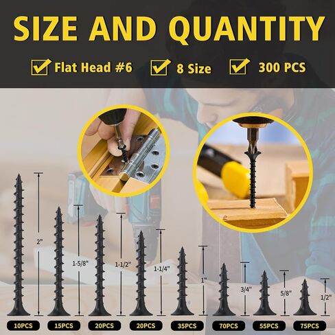 مجموعة متنوعة من براغي الحوائط الجافة 300 قطعة، مجموعة براغي خشبية من FIXLINK برأس مسطح وخيوط خشنة للحائط، براغي فيليبس درايف متنوعة، 8 مقاسات (2 بوصة، 1-5/8 بوصة، 1-1/2 بوصة، 1-1/4 بوصة، 1 بوصة، 3/4 بوصة، 5/8 بوصة، 1/2 بوصة)، أسود in Kuwait