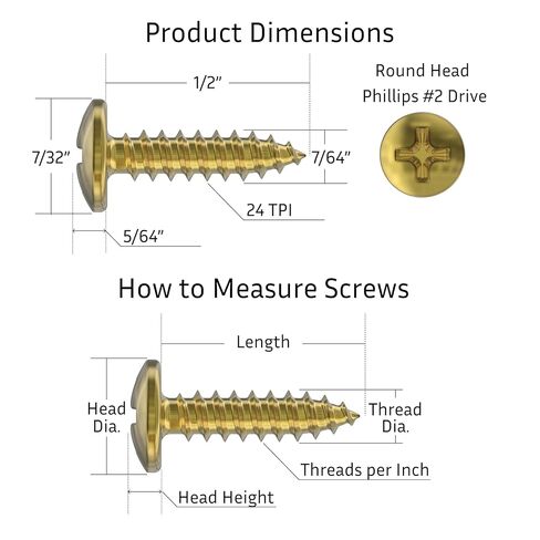 #5 x 1/2" Brass Round Head Phillips Wood Screws - Pack of 25 - Self Tapping Screws for Wood - RH512-SB in Saudi Arabia