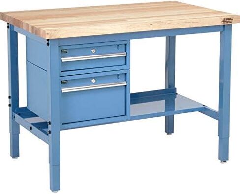 Global Industrial 96" W x 30" D Workbench, 1-3/4" Thick Maple Top Square Edge with Drawers & Shelf, Blue in Saudi Arabia