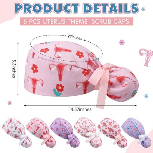 Shinymoon 6 Pcs Labor and Delivery Scrub Caps for Women, Uterus Working Cap with Sweatband, Adjustable Tie Back Ponytail Hat for Midwife, Obstetrics & Nursing Professionals in Saudi Arabia