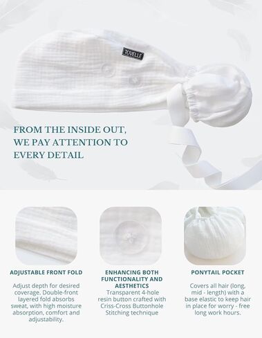 Ponytail Scrub Cap for Women – Solid White Surgical Cap with Buttons, Cotton Ponytail Scrub Caps, Adjustable Surgical Hat for Women to Secure Long Hair in Saudi Arabia