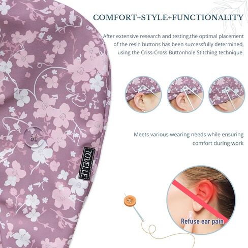 قبعات تنظيف مطبوعة على الوجهين من Pink Series Florals للنساء مع أزرار، قابلة للتعديل تساعد على تقليل تراكم القبعات الطبية الثابتة، قبعات جراحية قابلة للتنفس مع عصابة رأس لساعات طويلة in Saudi Arabia
