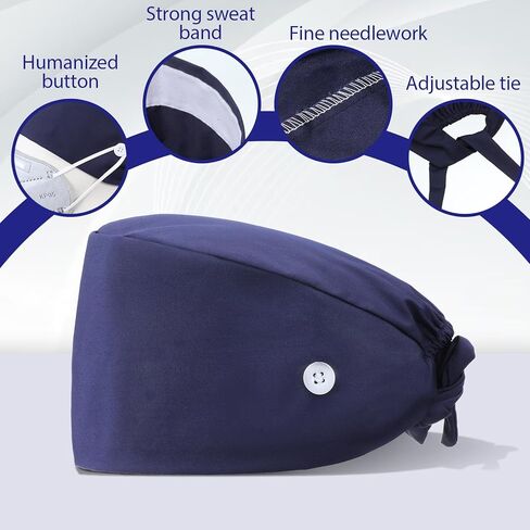 Adjustable Bouffant Hats Button Sweatband Cap Bouffant Satin Lined Working Hat Navy Blue Caps Tie Back Hats for Women Men in Saudi Arabia