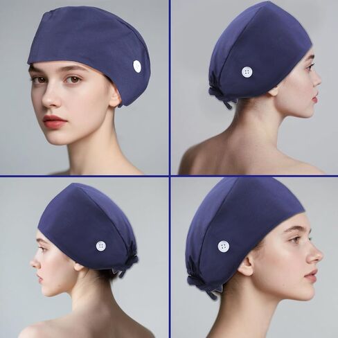 Adjustable Bouffant Hats Button Sweatband Cap Bouffant Satin Lined Working Hat Navy Blue Caps Tie Back Hats for Women Men in Saudi Arabia