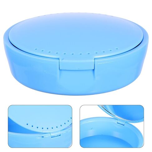 Portable Retainer Storage Box with Mirror Plastic Round Tooth Holder for False Teeth and Orthodontic Retainers Travel and Home Use in Sky Blue in Saudi Arabia