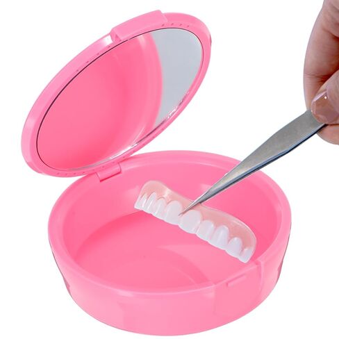 Portable Pink Retainer Storage Box with Mirror for Travel and Home Use Plastic Tooth Organizer Case for False Teeth and Retainer Holder in Saudi Arabia