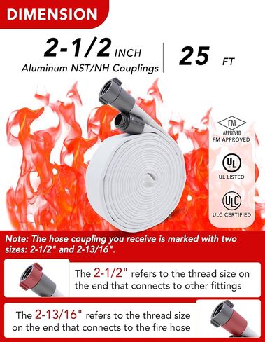 خرطوم إطفاء ZYfire - مقاس 2-1/2 بوصة معرف × 25 قدمًا خرطوم إطفاء EPDM مزدوج السترة مع وصلات ألومنيوم M x F NST/NH 1200 رطل لكل بوصة مربعة ضغط انفجاري خفيف الوزن لمكافحة الحرائق والاستخدام السكني in Kuwait