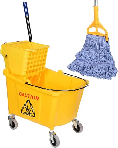 دلو ممسحة تجارية على عجلات من مجموعة الضغط الجانبي، بما في ذلك مجموعة واحدة من مقبض الممسحة التجارية مع حزمة واحدة من رؤوس الممسحة الزرقاء، 35 لتر، دلو أصفر in Kuwait