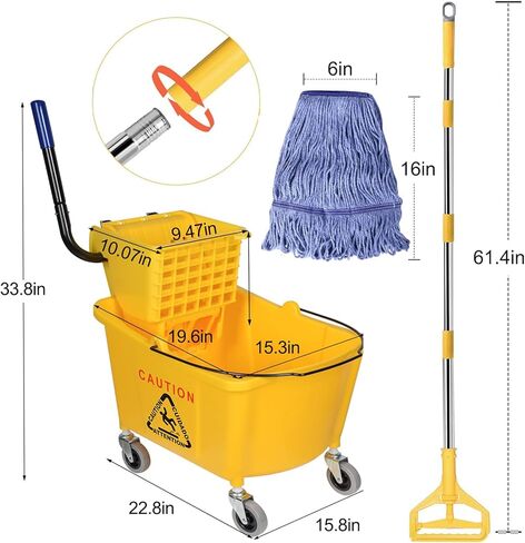 دلو ممسحة تجارية على عجلات من مجموعة الضغط الجانبي، بما في ذلك مجموعة واحدة من مقبض الممسحة التجارية مع حزمة واحدة من رؤوس الممسحة الزرقاء، 35 لتر، دلو أصفر in Kuwait
