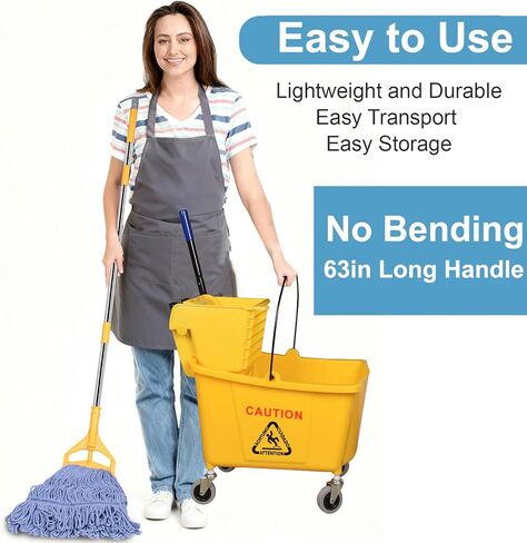 دلو ممسحة تجارية على عجلات من مجموعة الضغط الجانبي، بما في ذلك مجموعة واحدة من مقبض الممسحة التجارية مع حزمة واحدة من رؤوس الممسحة الزرقاء، 35 لتر، دلو أصفر in Kuwait