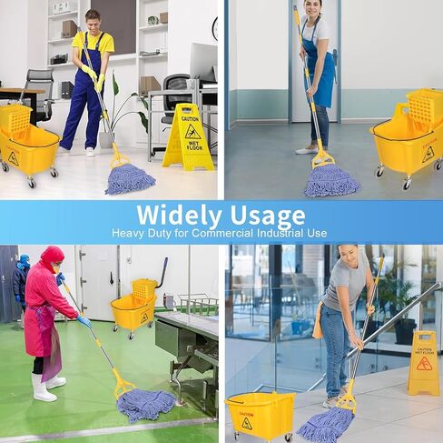 دلو ممسحة تجارية على عجلات من مجموعة الضغط الجانبي، بما في ذلك مجموعة واحدة من مقبض الممسحة التجارية مع حزمة واحدة من رؤوس الممسحة الزرقاء، 35 لتر، دلو أصفر in Kuwait