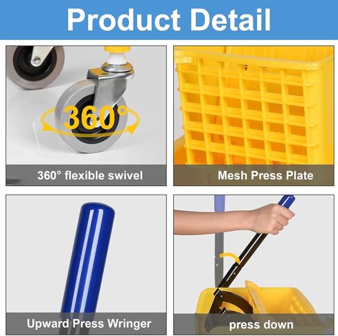 دلو ممسحة تجارية على عجلات من مجموعة الضغط الجانبي، بما في ذلك مجموعة واحدة من مقبض الممسحة التجارية مع حزمة واحدة من رؤوس الممسحة الزرقاء، 35 لتر، دلو أصفر in Kuwait