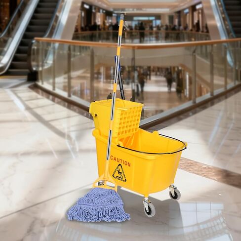 دلو ممسحة تجارية على عجلات من مجموعة الضغط الجانبي، بما في ذلك مجموعة واحدة من مقبض الممسحة التجارية مع حزمة واحدة من رؤوس الممسحة الزرقاء، 35 لتر، دلو أصفر in Kuwait
