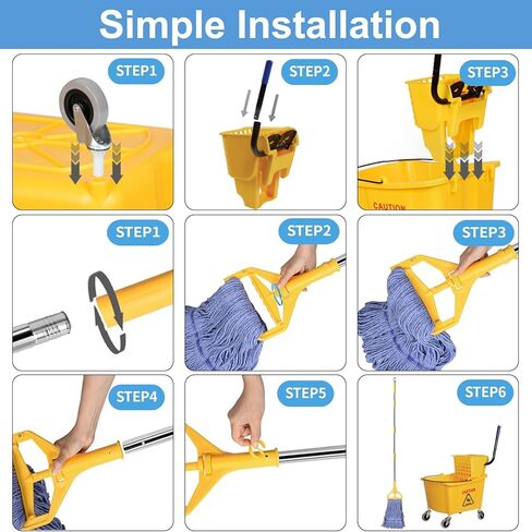 دلو ممسحة تجارية على عجلات من مجموعة الضغط الجانبي، بما في ذلك مجموعة واحدة من مقبض الممسحة التجارية مع حزمة واحدة من رؤوس الممسحة الزرقاء، 35 لتر، دلو أصفر in Kuwait
