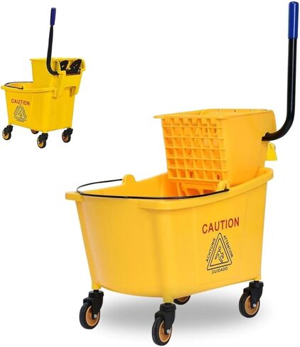دلو ممسحة، دلو تجاري للمسح على العجلات بمقبض صالح للشرب، دلو ممسحة مع عصارة للمنزل والمنزل والمكتب والحمام، أصفر (25 كوارت) in Kuwait