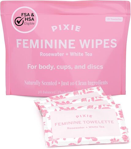 مناديل بيكسي الأنثوية - ماء الورد المعطر بشكل طبيعي + الشاي الأبيض - قابلة للتنظيف والتحلل الحيوي ومتوازنة الأس الهيدروجيني - مناديل مغلفة بشكل فردي أثناء التنقل - منظف لأكواب وأقراص الدورة الشهرية (عبوتان من 20) in Kuwait