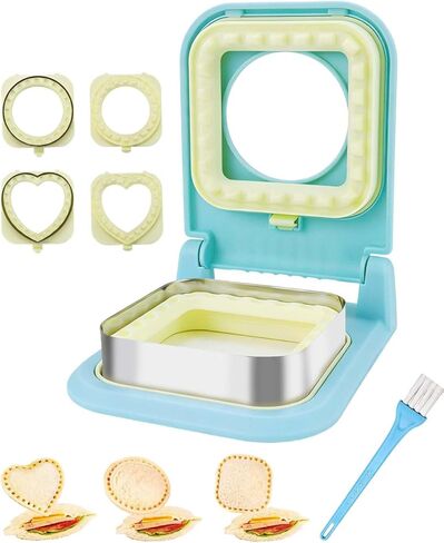 صانع الساندوتشات غير القابل للقشرة 3 في 1 - قطاعة الساندوتشات غير القابلة للقشرة على شكل قلب/دائرة/مربع ومانع تسرب لصناديق الغداء والفطور والغداء للأطفال | مكبس خالٍ من مادة BPA، سهل التنظيف، مادة PP صالحة للطعام (أزرق فاتح) in Kuwait