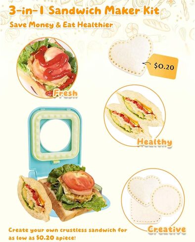 3-in-1 Uncrustable Sandwich Maker - Heart/Circle/Square Crustless Sandwich Cutter & Sealer for Kids' Lunch, Breakfast & Lunchboxes | BPA-Free Press, Easy Clean, Food-Grade PP (Light Blue) in Saudi Arabia