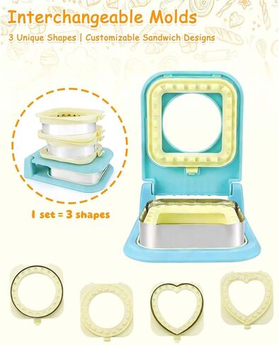 3-in-1 Uncrustable Sandwich Maker - Heart/Circle/Square Crustless Sandwich Cutter & Sealer for Kids' Lunch, Breakfast & Lunchboxes | BPA-Free Press, Easy Clean, Food-Grade PP (Light Blue) in Saudi Arabia