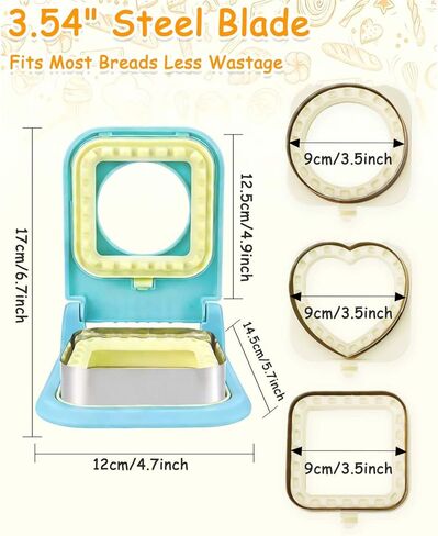 3-in-1 Uncrustable Sandwich Maker - Heart/Circle/Square Crustless Sandwich Cutter & Sealer for Kids' Lunch, Breakfast & Lunchboxes | BPA-Free Press, Easy Clean, Food-Grade PP (Light Blue) in Saudi Arabia