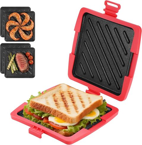 صانع الساندوتشات بالميكروويف، صانع توست صغير أحمر مع شواية ألومنيوم قابلة للإزالة وغطاء من السيليكون مقاس 16 × 16 سم، شواية ميكروويف لتوست ساندويتش الجبن in Kuwait