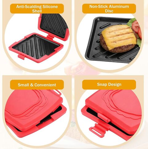 صانع الساندوتشات بالميكروويف، صانع توست صغير أحمر مع شواية ألومنيوم قابلة للإزالة وغطاء من السيليكون مقاس 16 × 16 سم، شواية ميكروويف لتوست ساندويتش الجبن in Kuwait