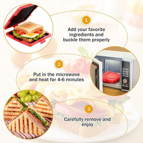 صانع الساندوتشات بالميكروويف، صانع توست صغير أحمر مع شواية ألومنيوم قابلة للإزالة وغطاء من السيليكون مقاس 16 × 16 سم، شواية ميكروويف لتوست ساندويتش الجبن in Kuwait