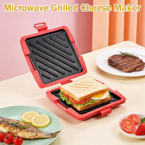 صانع الساندوتشات بالميكروويف، صانع توست صغير أحمر مع شواية ألومنيوم قابلة للإزالة وغطاء من السيليكون مقاس 16 × 16 سم، شواية ميكروويف لتوست ساندويتش الجبن in Kuwait