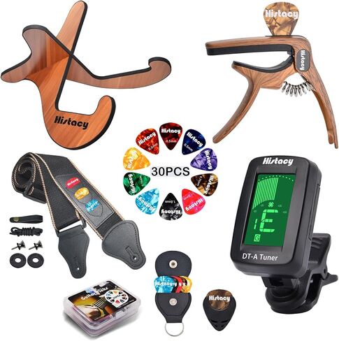 Guitar Accessories Kit: Wooden Stand, Strap, Clip-On Tuner, 3-in-1 Capo, 30 Picks for Acoustic, Electric Guitar, Bass & Ukulele, All-in-One Perfect Guitar Gift Set for Men & Beginners & Pros in Saudi Arabia